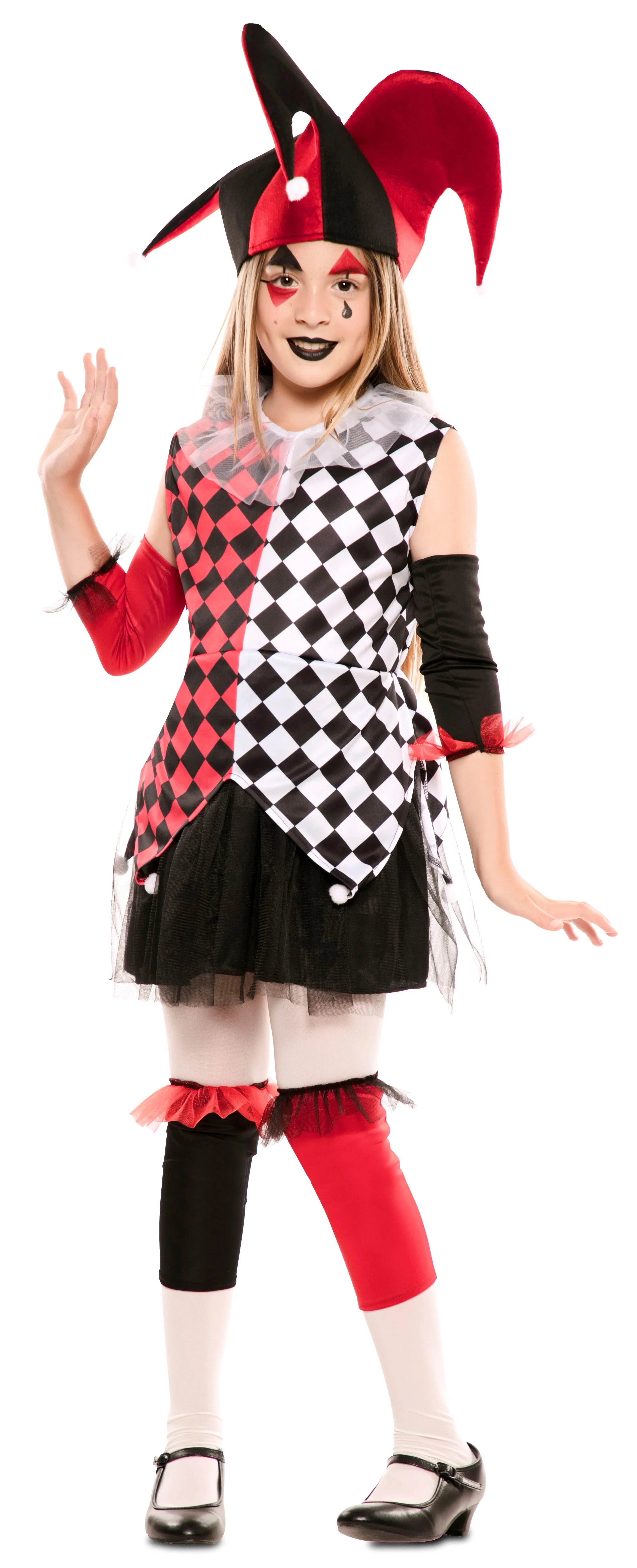 Disfraz de Arlequín Rojo y Negro para Niña Arlequines y Bufones EuroCarnavales