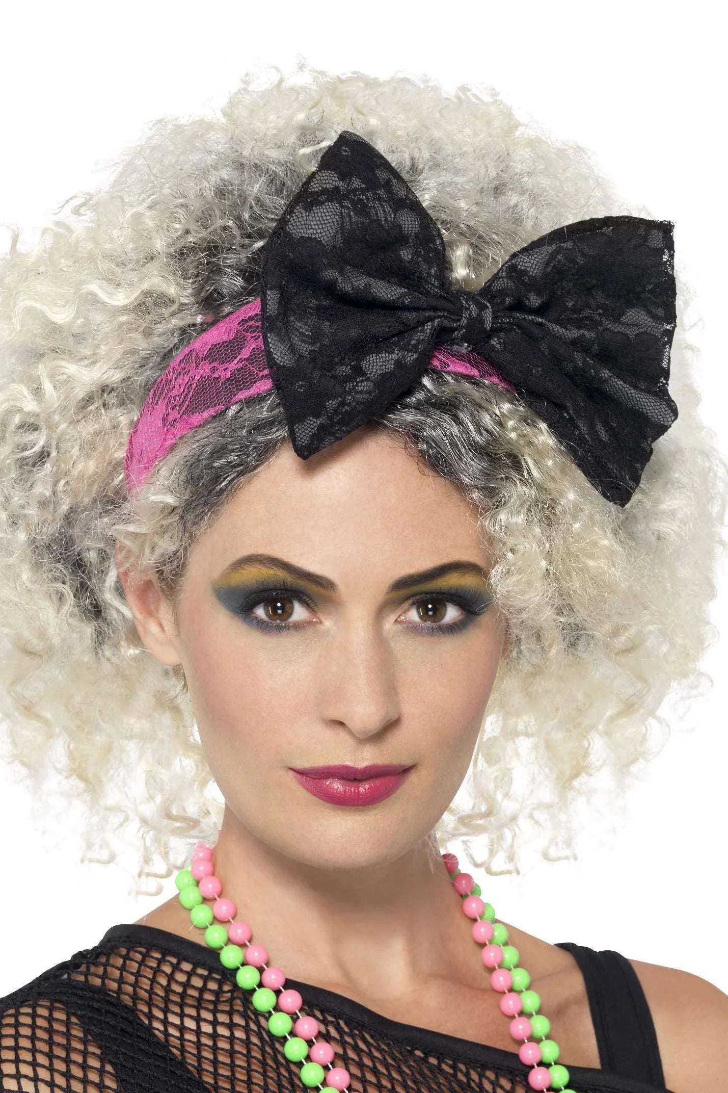 Diadema Años 80 Rosa con Lazo Negro de Encaje Años 80 Smiffys