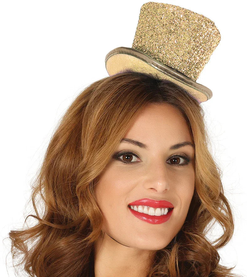 Mini Chistera Dorada Brillante con Goma Nochevieja Guirca