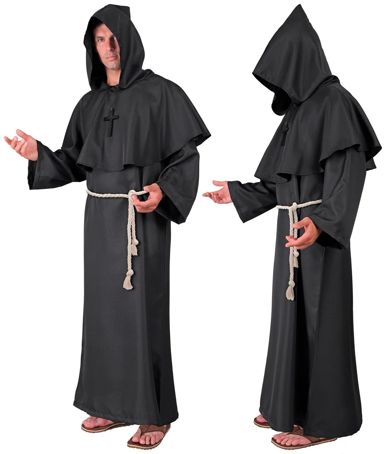 Costume Moine Médiéval Pour Homme - Robe Avec Cape à Capuche + Ceinture + Collier Croix - Pour Halloween, Carnaval, Cosplay - Taille Ajustable