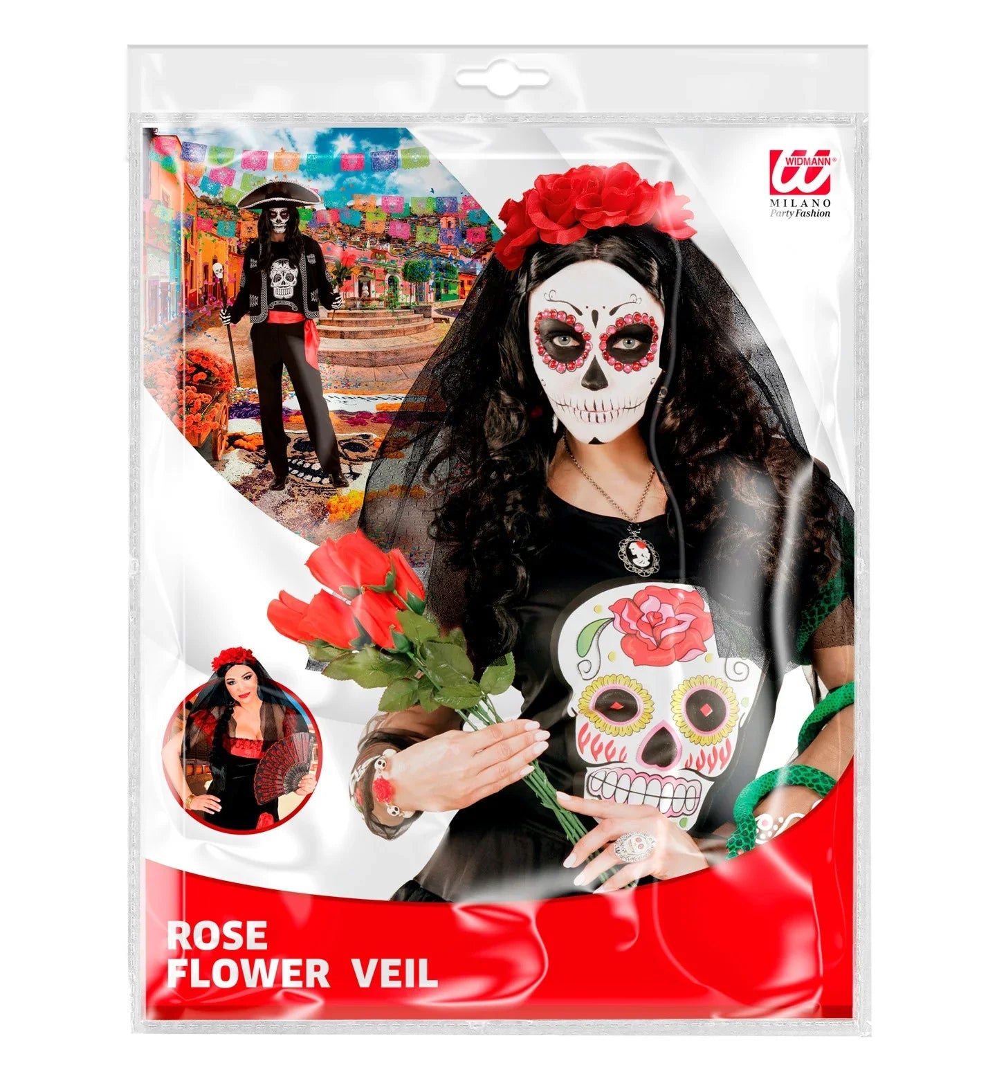 Tocado de Catrina con Rosas Rojas y Velo Negro Catrina Widmann
