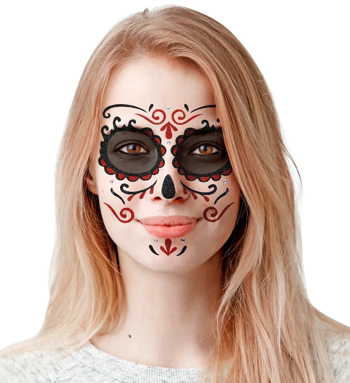 Set de Adhesivos de Catrina Rojo con Purpurina Kits de Maquillaje Widmann