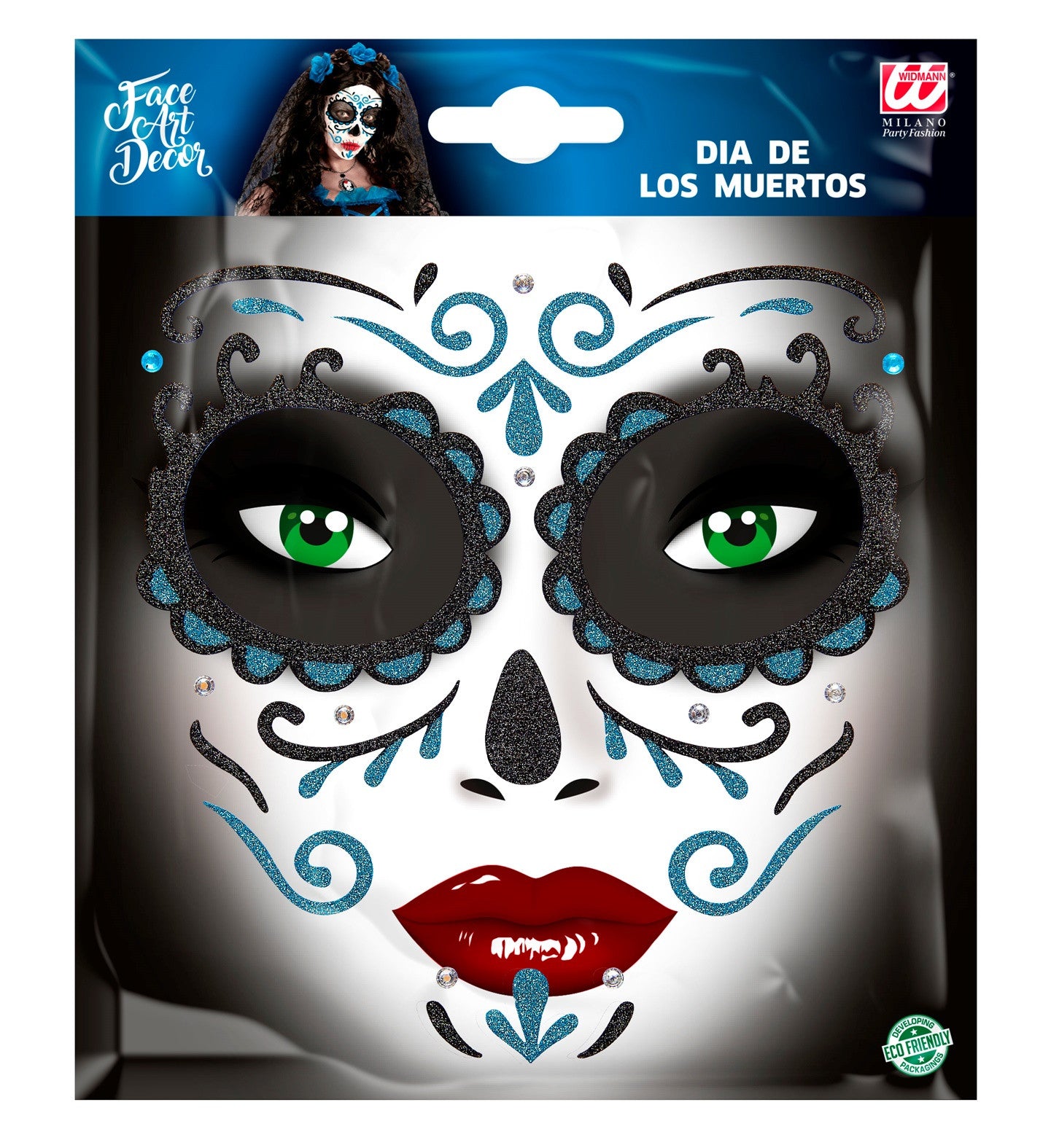 Set de Adhesivos de Catrina Azul con Purpurina Kits de Maquillaje Widmann
