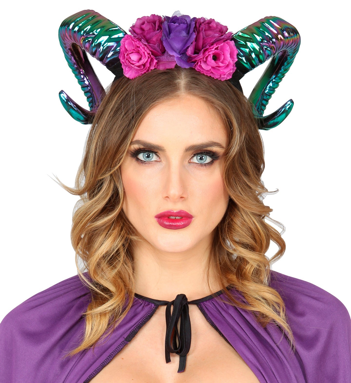 Diadema con Cuernos y Flores Rosas y Moradas Accesorios para la Cabeza Widmann