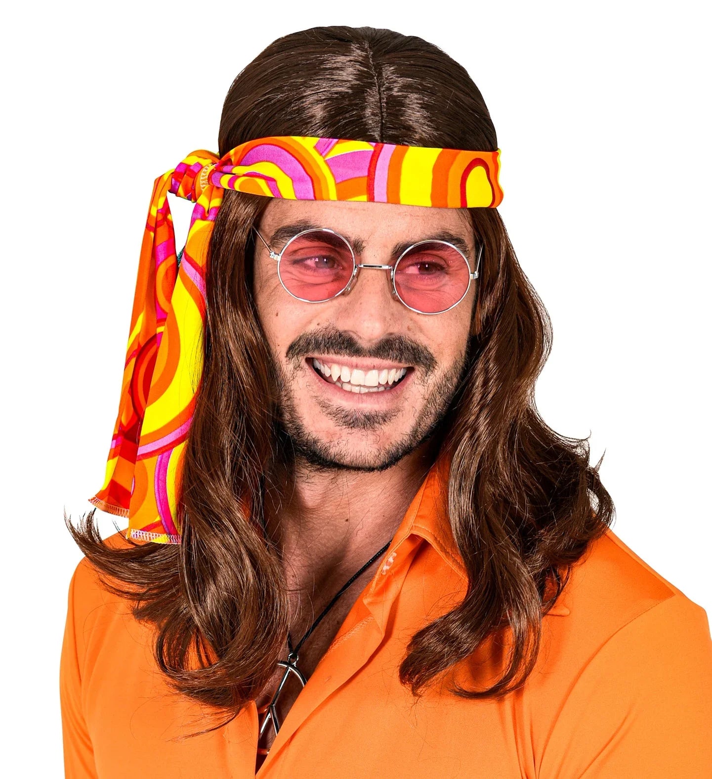 Peluca Castaña Larga con Bandana Disco Años 70 Pelucas Castañas Widmann