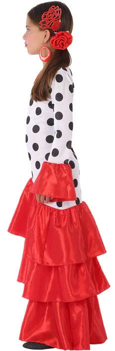 Disfraz de Flamenca Blanco con Volantes Rojos Infantil Sevillanas Atosa