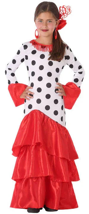 Disfraz de Flamenca Blanco con Volantes Rojos Infantil Sevillanas Atosa