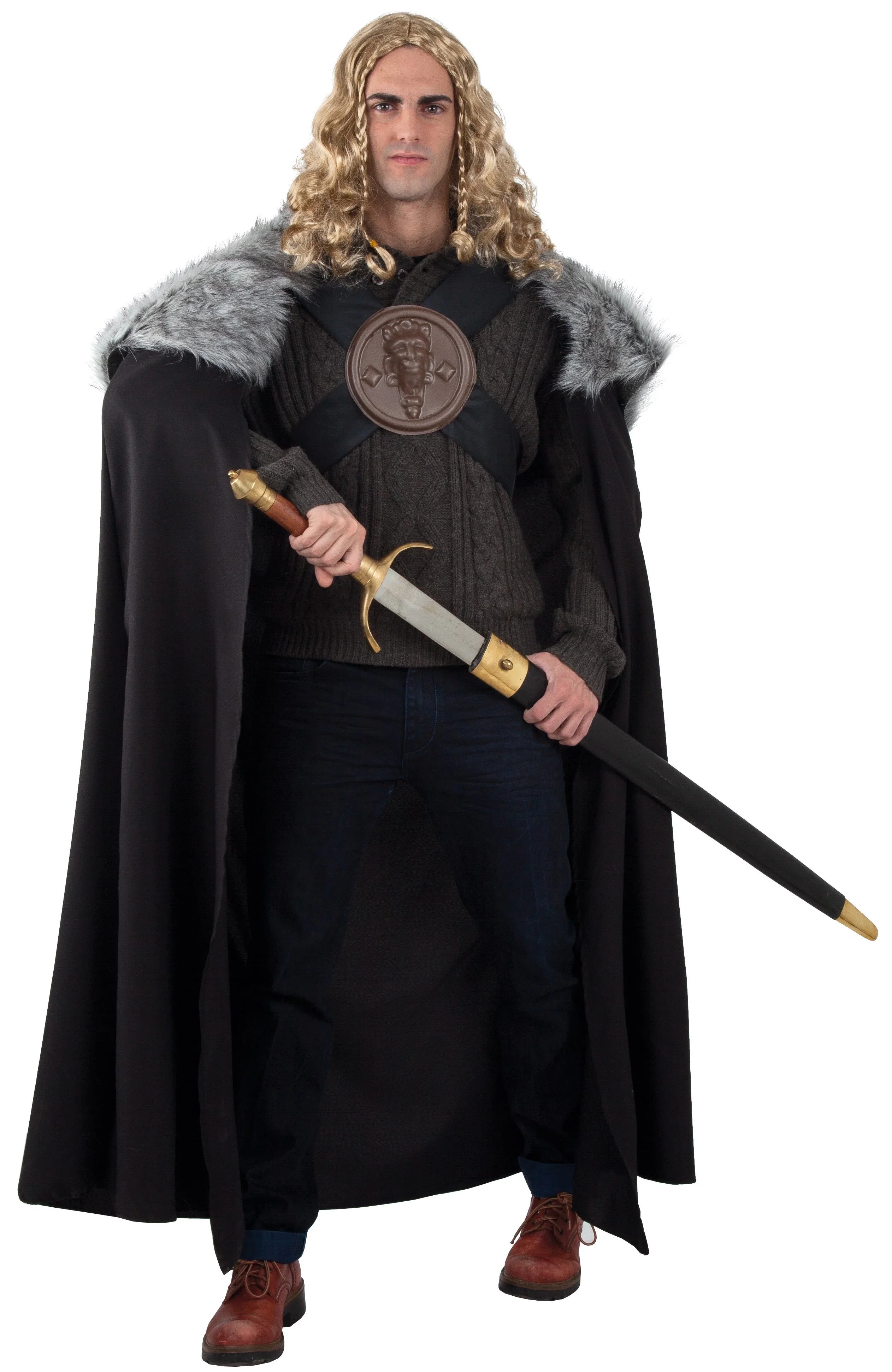 Capa Vikinga Negra con Capelina Gris y Correas Complementos Vikingos Fycar