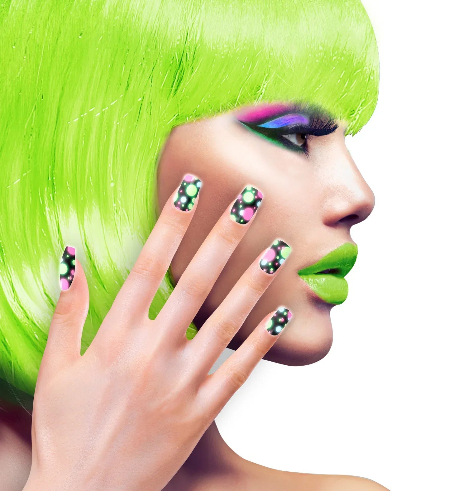 Uñas Postizas Negras con Círculos de Colores Neón Uñas Postizas Widmann