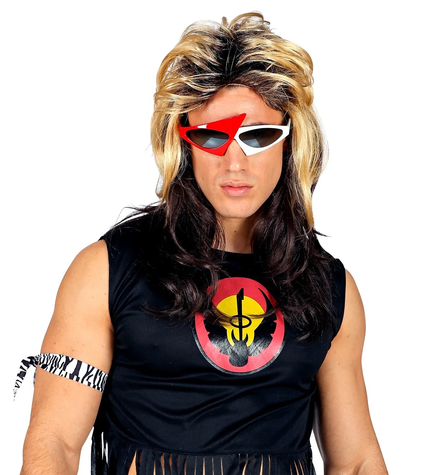 Peluca Castaña con Mechas Rubias de Rockero Años 80 Complementos Rockeros y Moteros Widmann