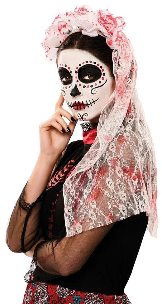 Tocado de Catrina Sangriento con Flores Blancas y Velo Accesorios Halloween EuroCarnavales