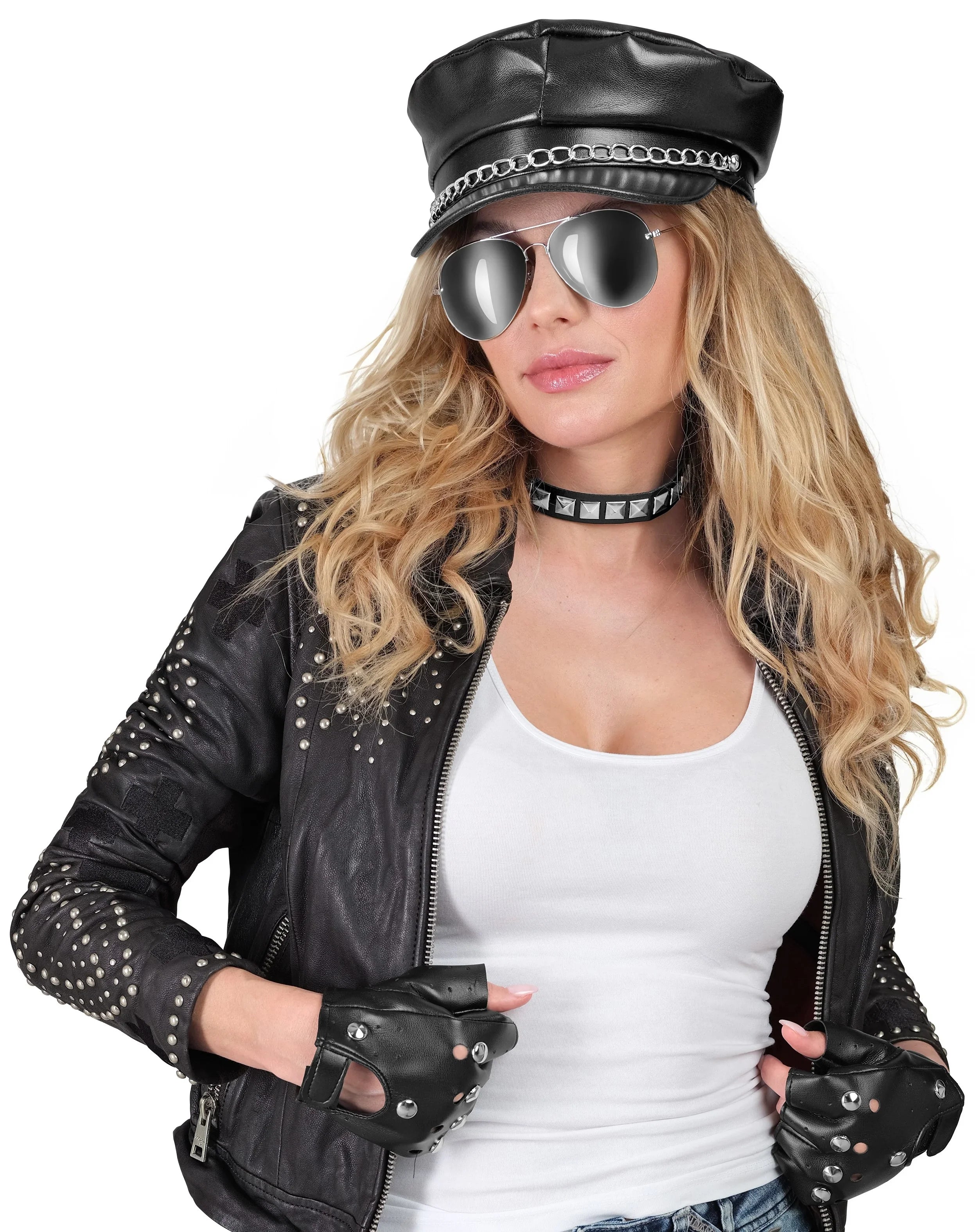Kit de Motero Rockero con Gorra, Guantes, Collar y Gafas Complementos Rockeros y Moteros Widmann
