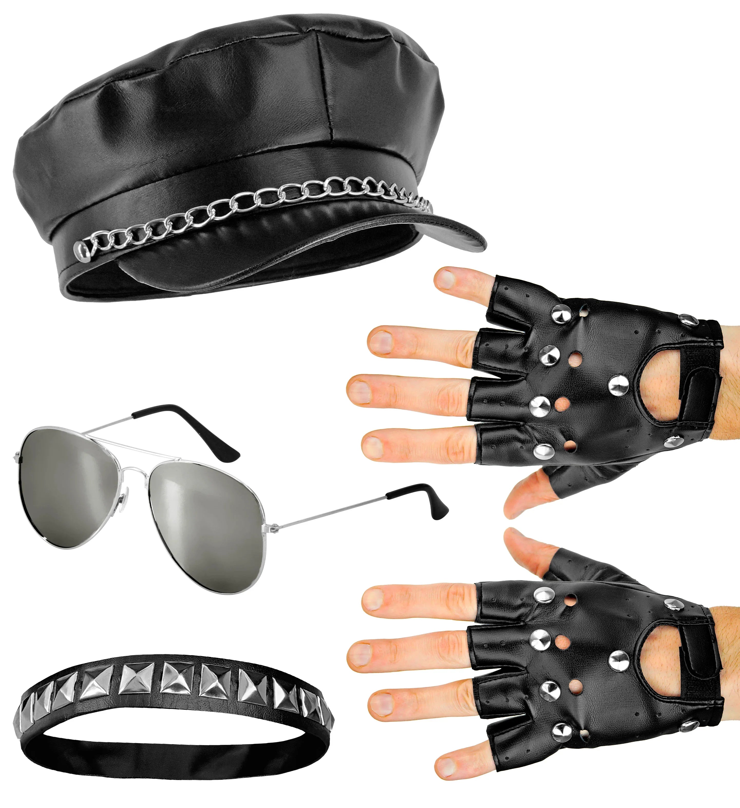 Kit de Motero Rockero con Gorra, Guantes, Collar y Gafas Complementos Rockeros y Moteros Widmann