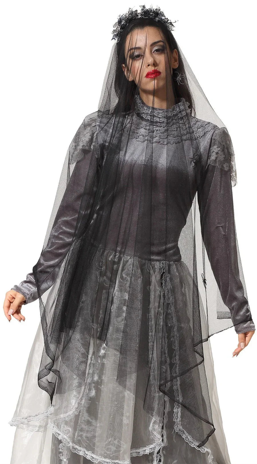 Diadema con Calaveras y Velo Negro Largo Complementos Halloween Atosa