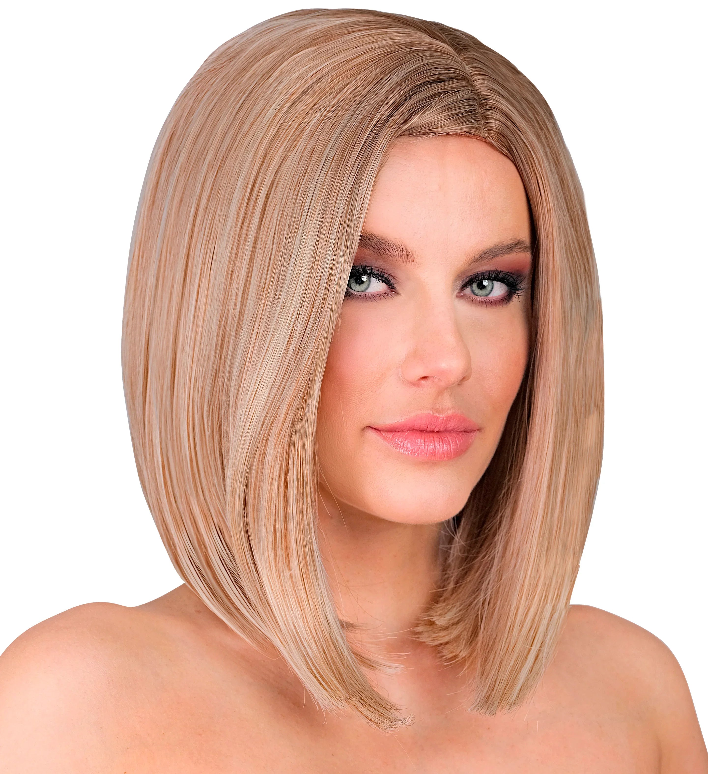 Peluca Castaña con Mechas Rubias y Media Melena Recta Pelucas Castañas Widmann