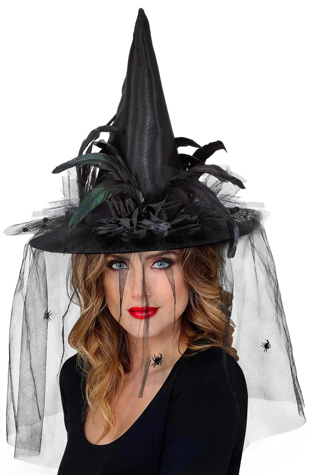 Sombrero de Bruja Negro con Velo, Flores y Plumas Sombreros de Bruja Widmann