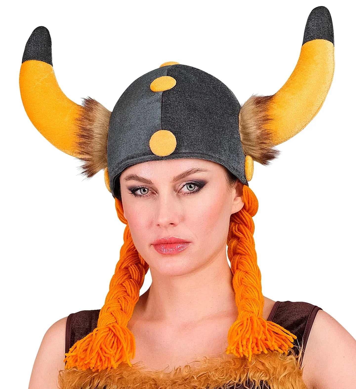 Gorro Vikingo con Cuernos y Trenzas Naranjas Complementos Vikingos Widmann