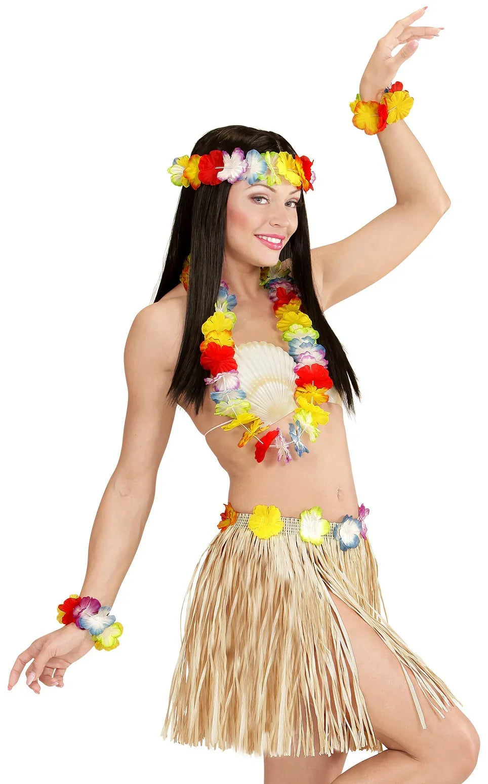 Kit Hawaiano con Falda, Collar, Pulseras y Corona Hawaianos Widmann