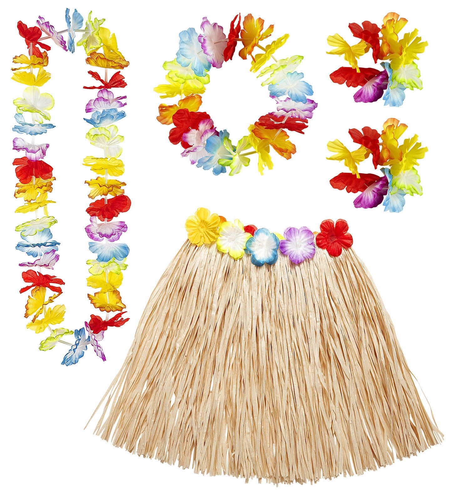 Kit Hawaiano con Falda, Collar, Pulseras y Corona Hawaianos Widmann