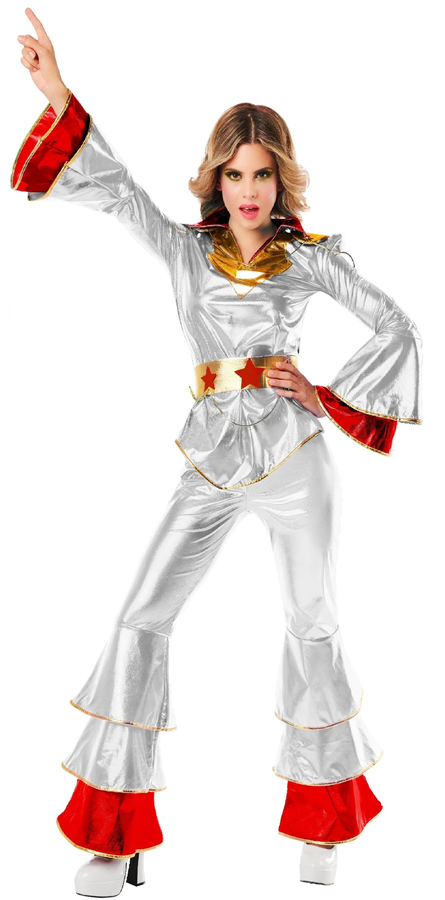 Disfraz Disco Años 70 Plateado y Rojo para Mujer Disco Kimokawaii