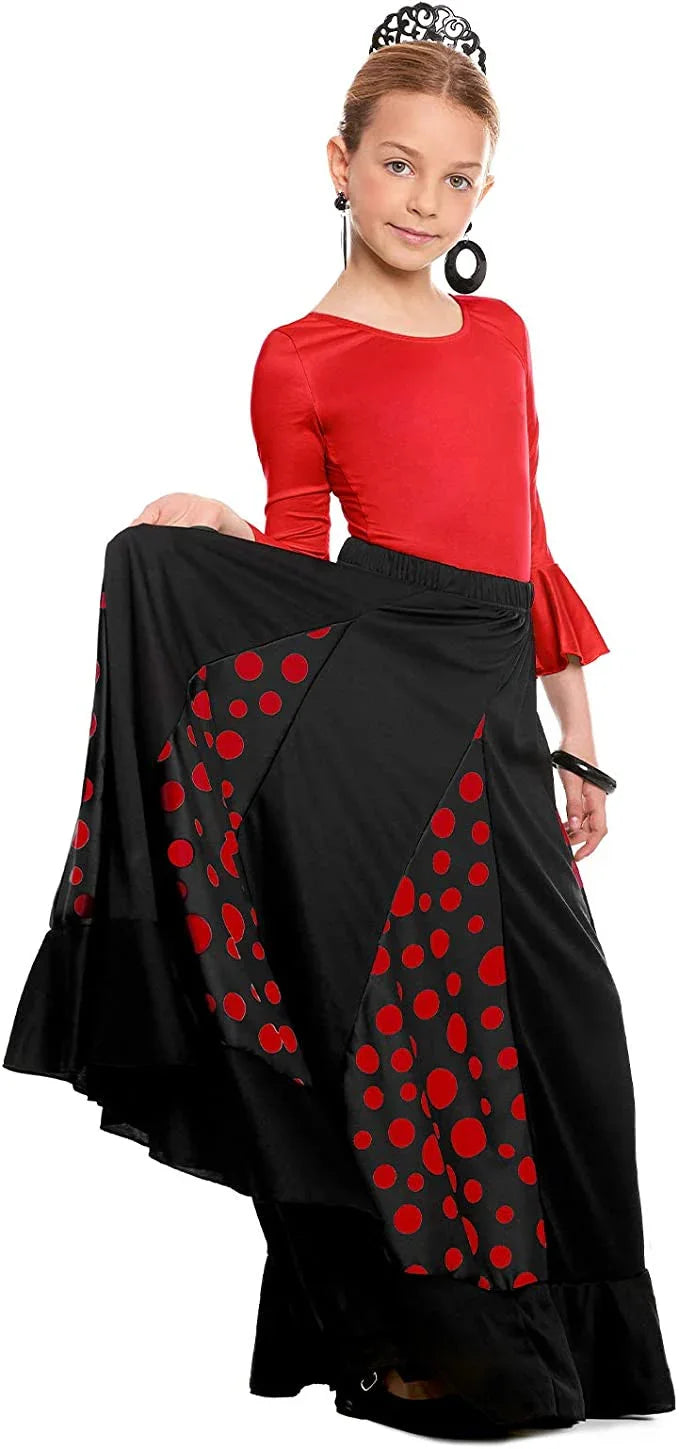 Falda de Sevillana Negra con Lunares Rojos para Niña Sevillanas y Flamencas Infantiles Partilandia