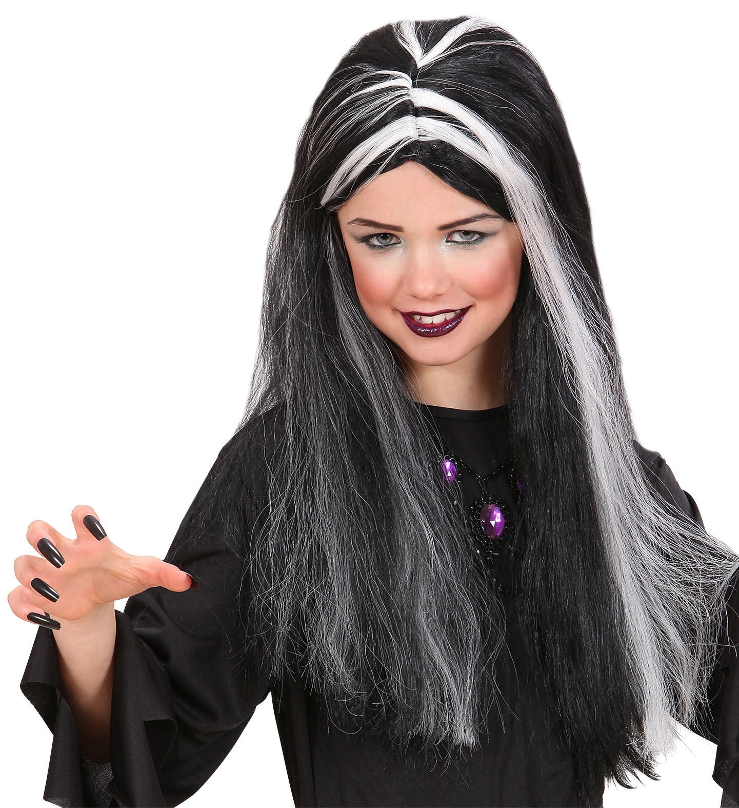 Peluca de Bruja Infantil Morena con Mechas Blancas Fluorescentes Pelucas Infantiles Widmann