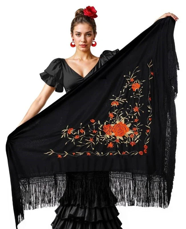 Mantón de Sevillana Negro con Bordado Rojo y Dorado Sevillanas Partilandia