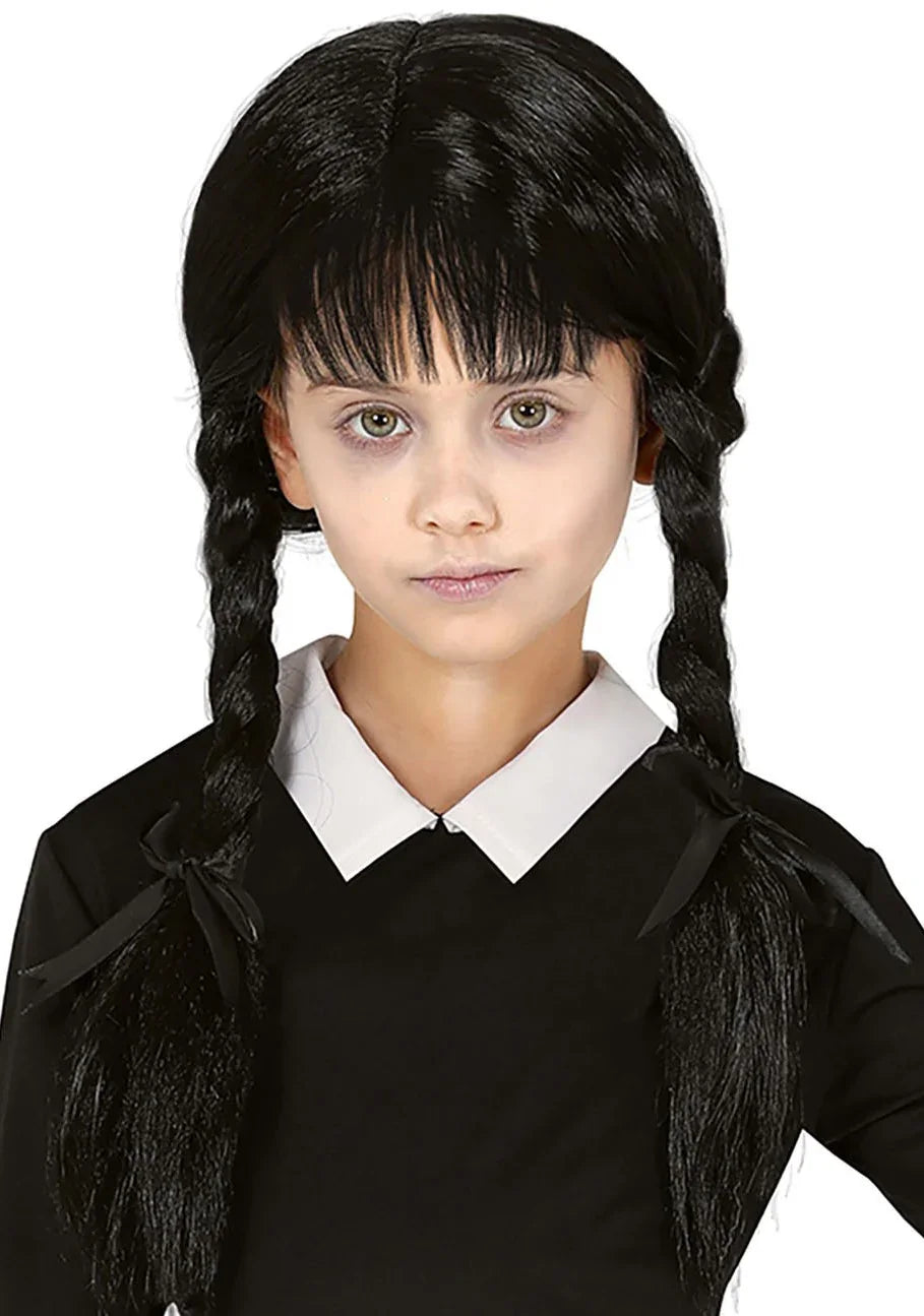 Peluca de Miércoles con Trenzas y Flequillo para Niña Pelucas de Miércoles Addams Guirca