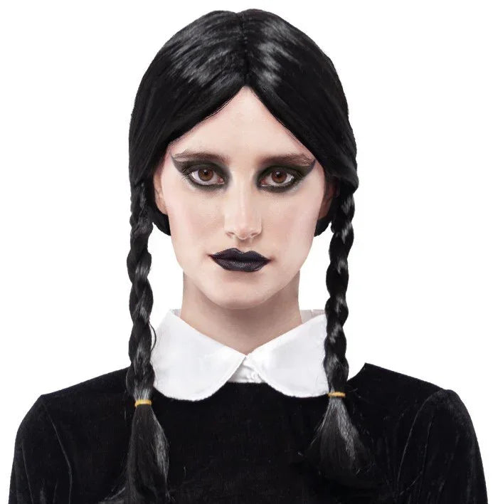 Peluca de Miércoles Familia Addams Morena con Trenzas Pelucas de Miércoles Addams Partilandia