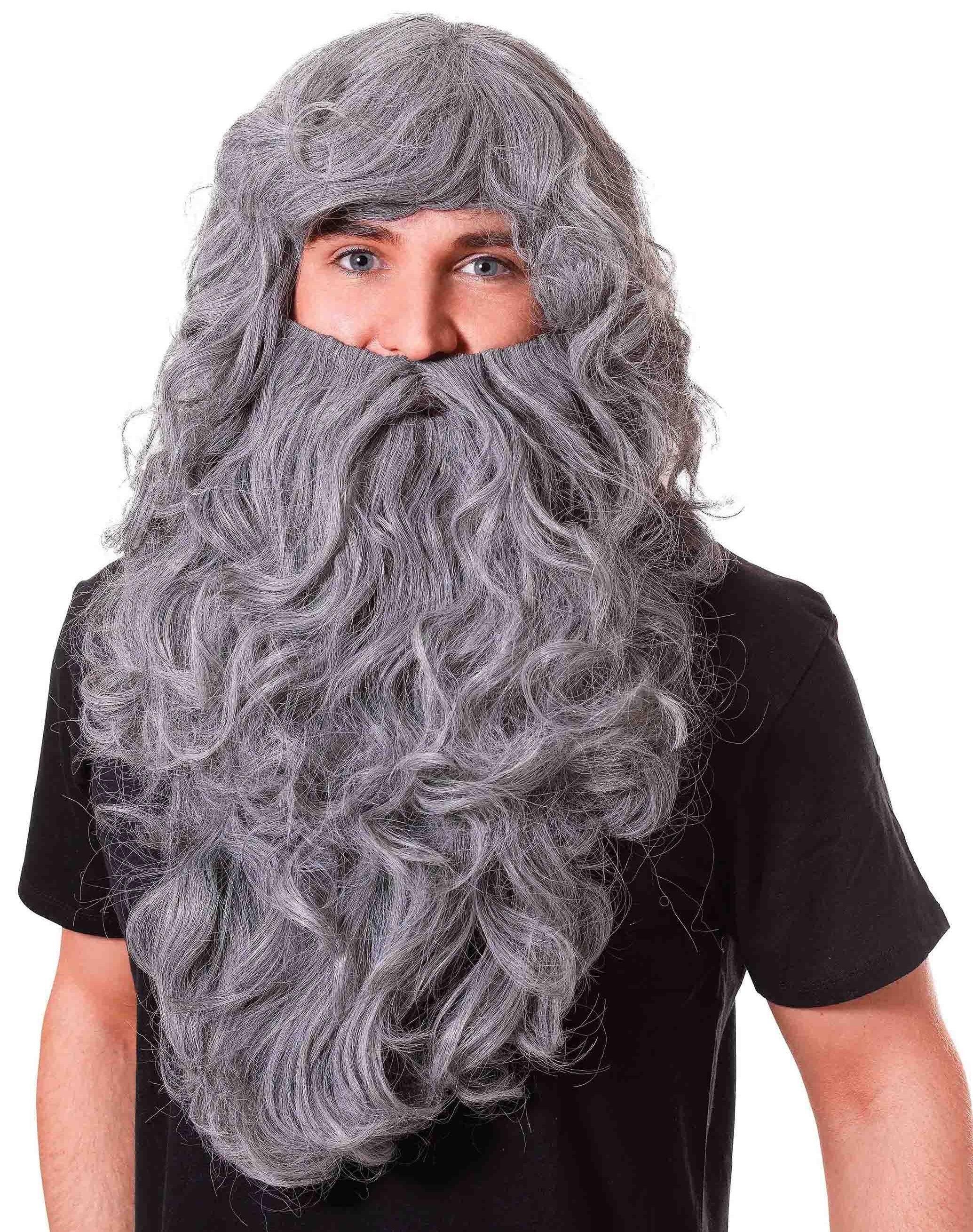 Peluca de Rey Mago Gris Rizosa con Barba Larga Barbas y Bigotes Rubies