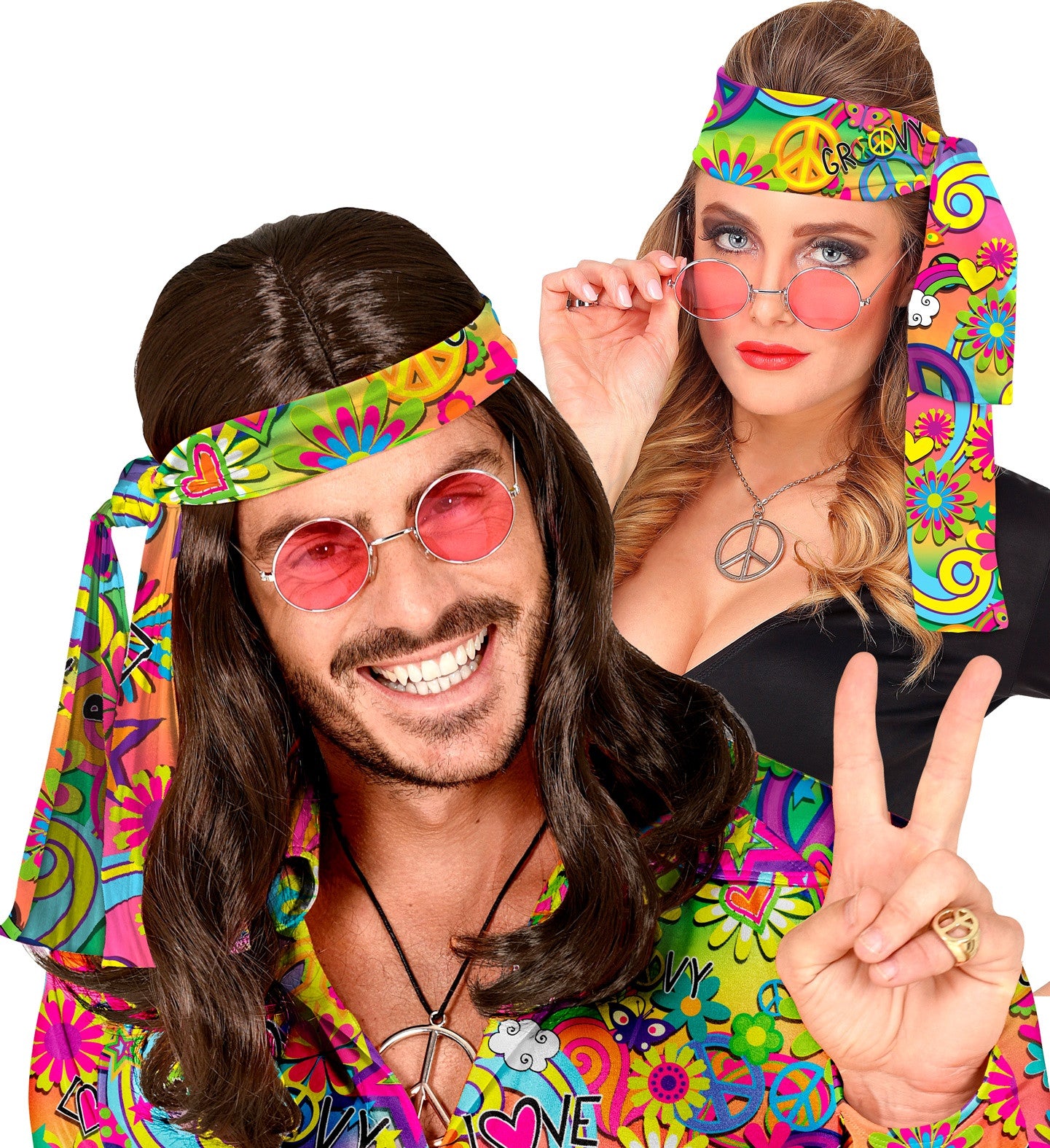 Cinta Hippie Años 60 Paz y Amor Multicolor Complementos Hippies Widmann