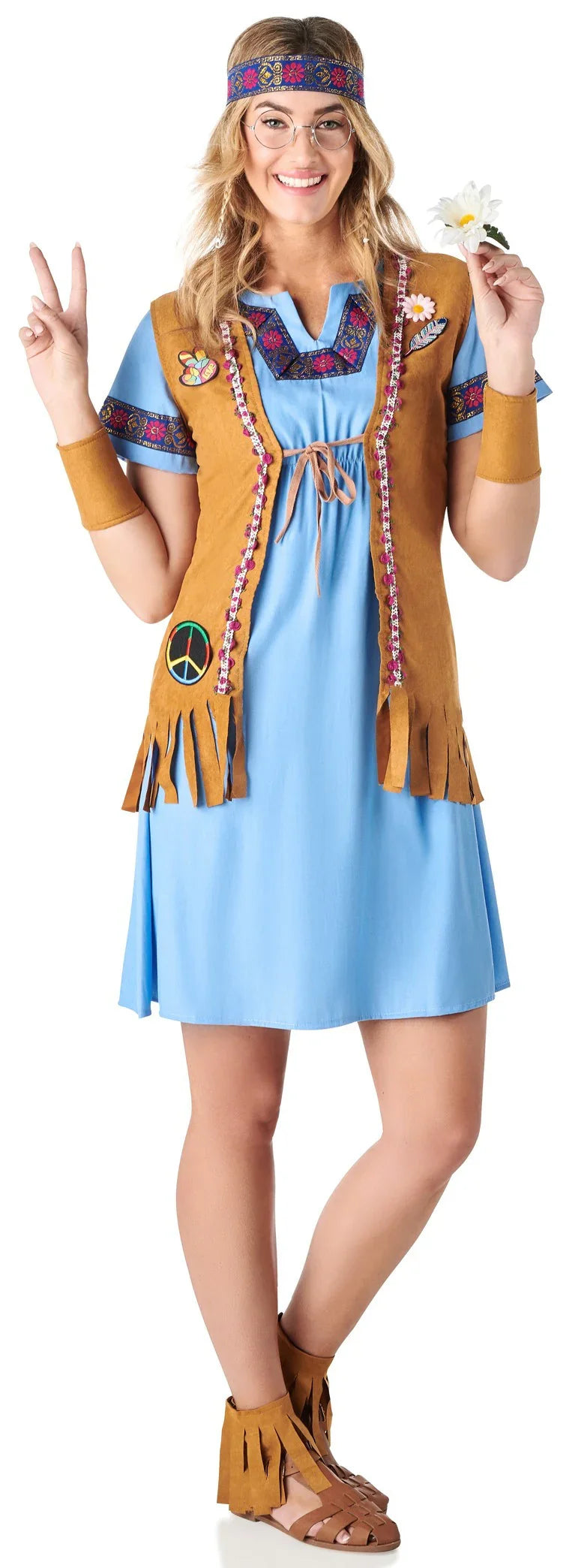 Disfraz de Hippie Azul con Chaleco para Mujer Hippies Kimokawaii