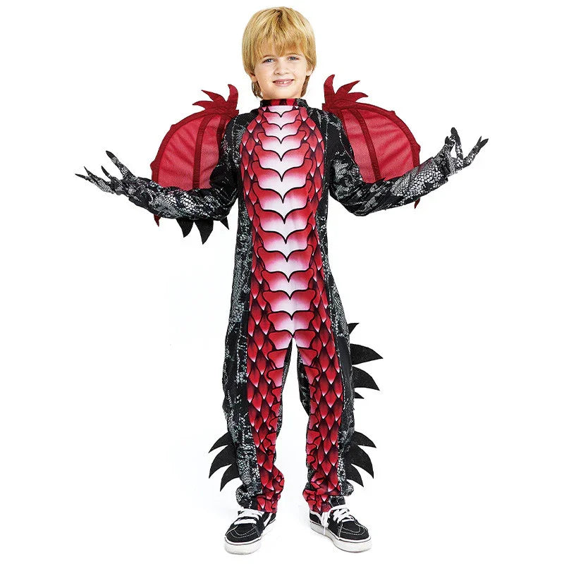 Disfraz de Dragón Negro y Rojo con Alas para Niño Dragón y Dinosaurio Partilandia
