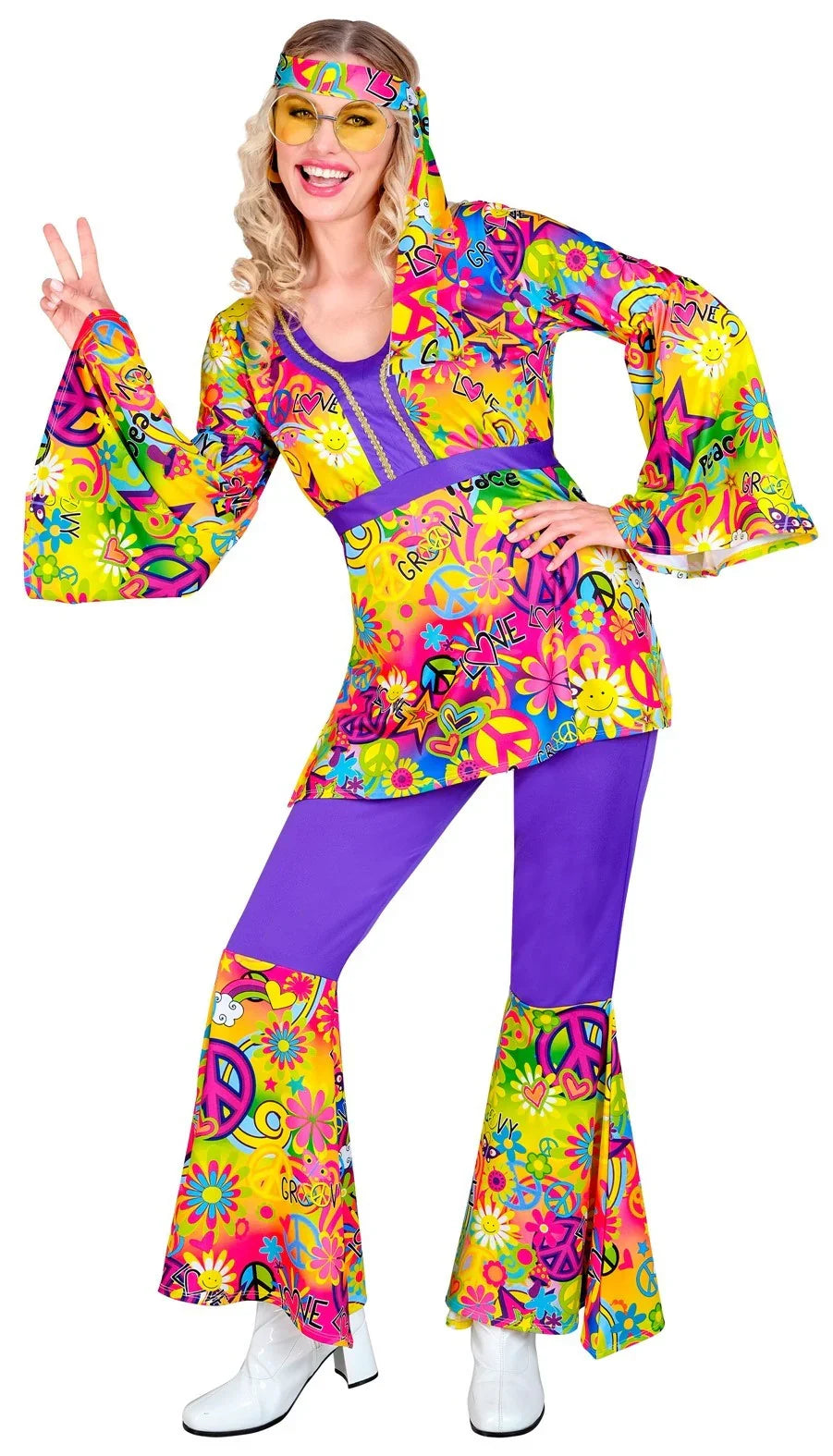 Disfraz Hippie Años 60 con Estampado Paz y Amor para Mujer Hippies Widmann