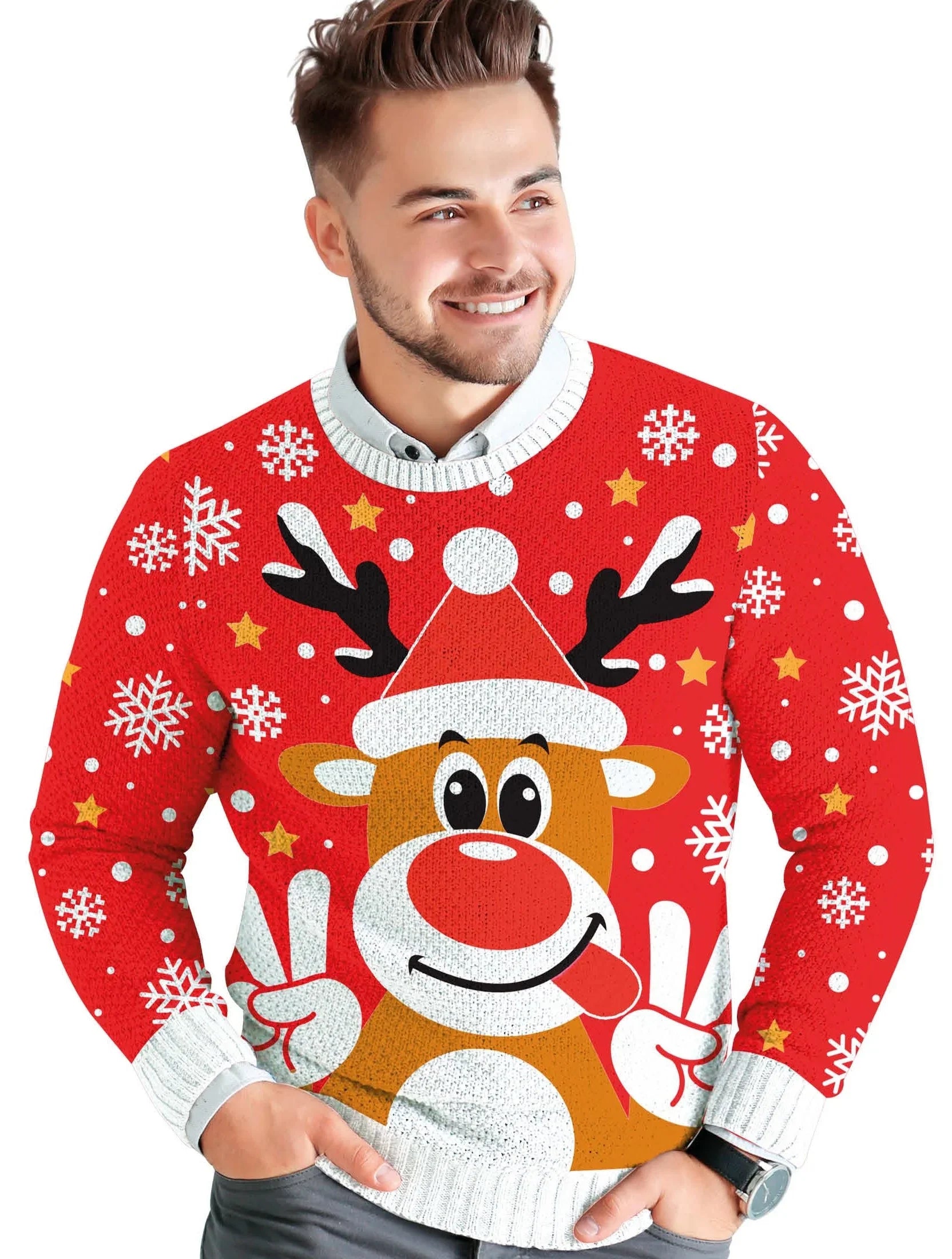 Jersey Reno Navideño Rojo para Hombre Jerseys Navideños Guirca