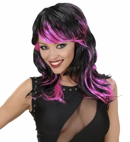 Peluca Morena con Mechas Rosa Fucsia COMPLEMENTOS Widmann