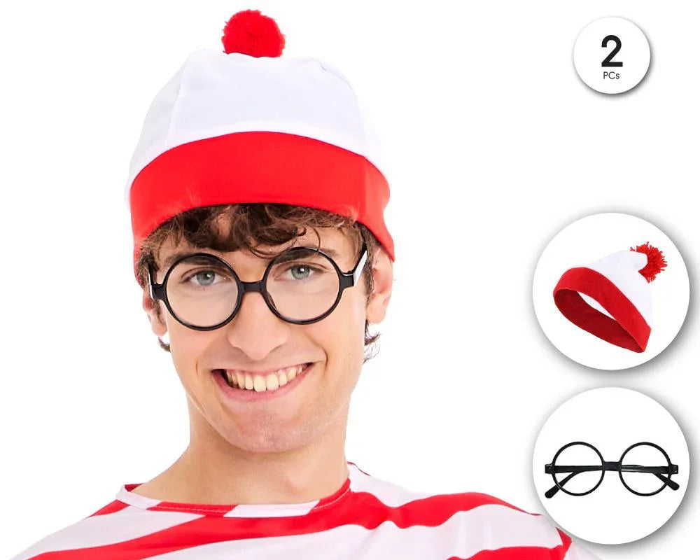 Gorro Blanco y Rojo de Wally con Gafas Sombreros y Gorros Partilandia