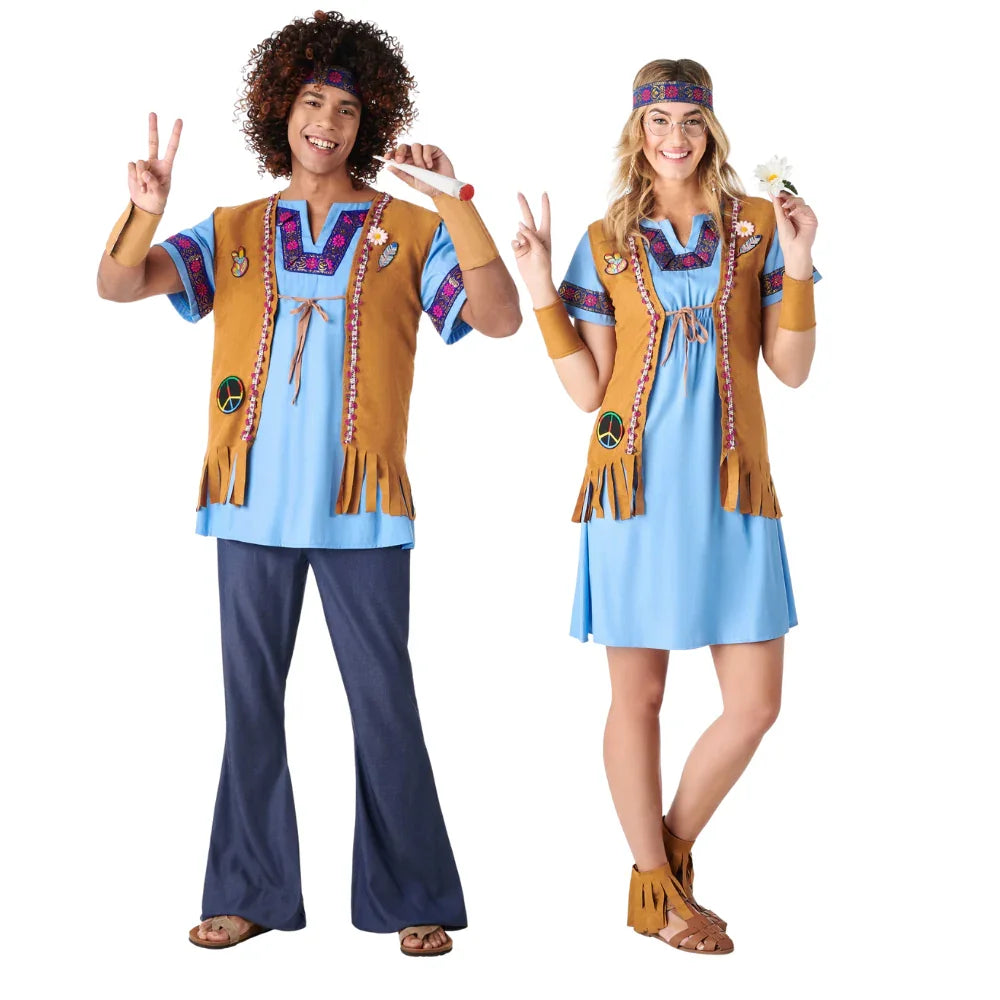 Disfraces en Pareja de Hippie Azul con Chaleco Hippies Disfraces Simon
